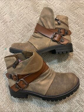 Blowfish Tan Canvas Ankle Boot with Brown Leather Straps